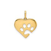 14K Yellow Gold Heart with Paw Print Pendant Charm, 12x12mm